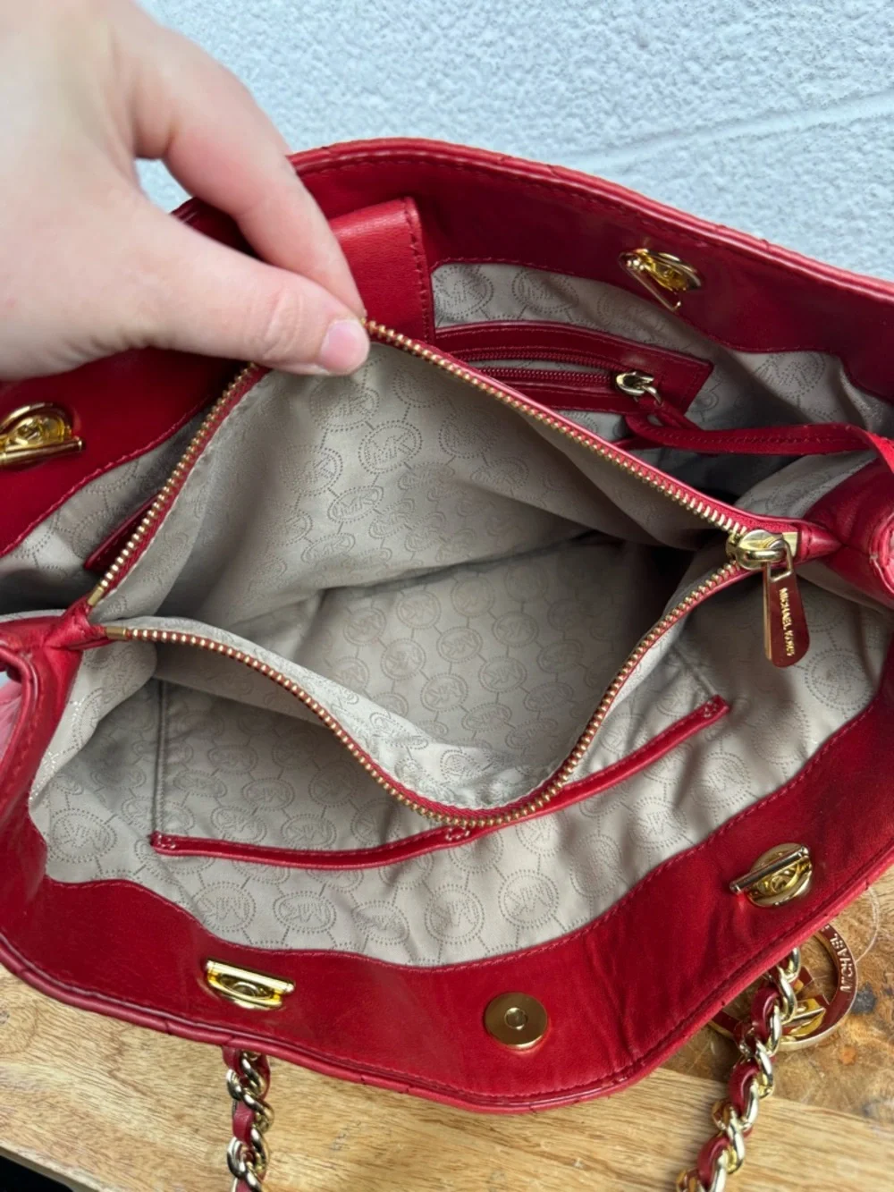 Michael Kors Red Leather Quilted Chain Shoulder Tote Bag Gold Hardware - Picture 13 of 16